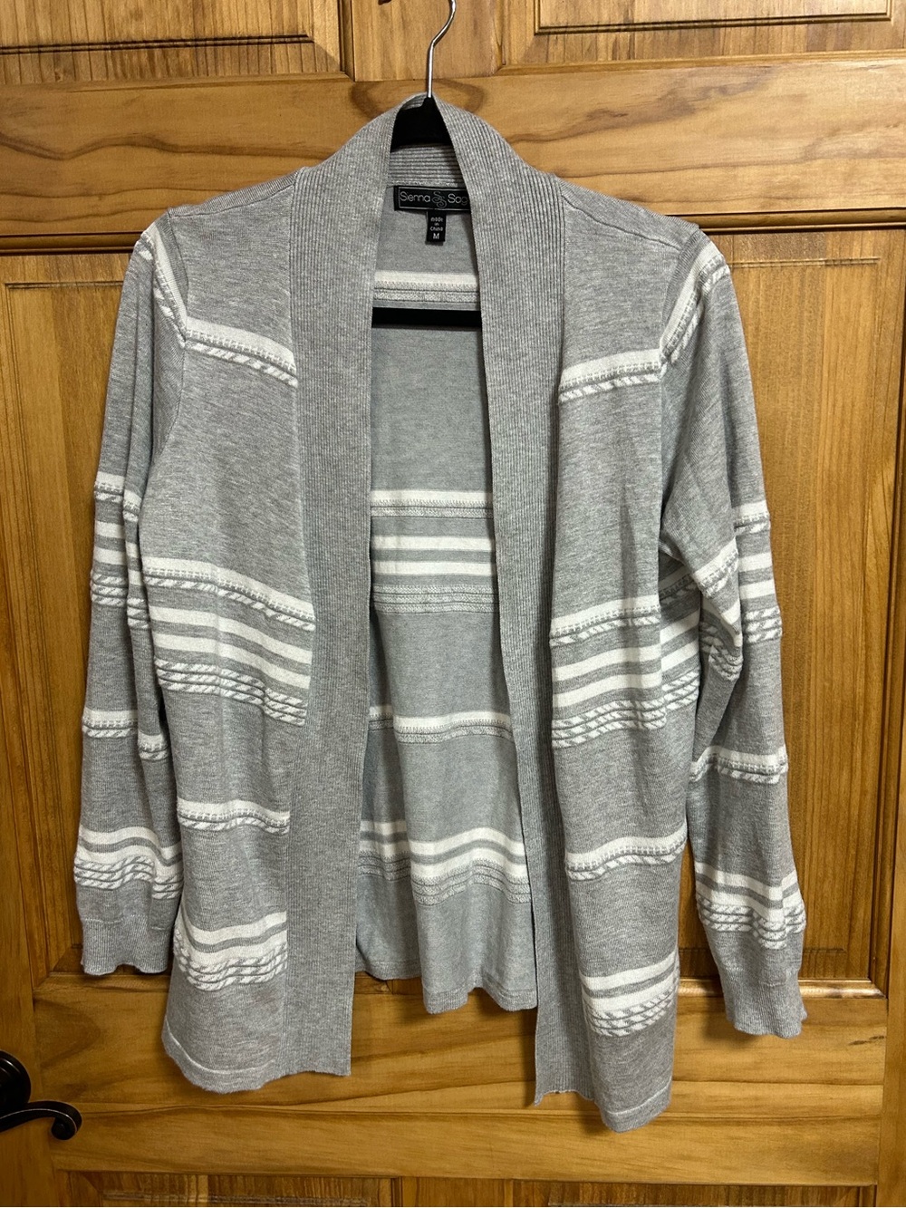 Women’s Gray and White Open Front Striped Sweater Cardigan